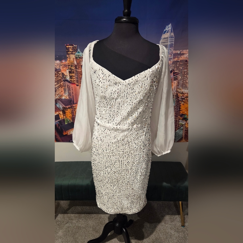 SHEIN White Sequin Long Sleeve Dress